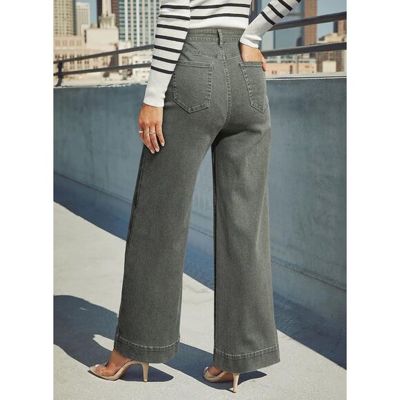 Women's Four Leaf Clover Wide Leg Denim Jeans Stretchy Loose Pants with Pockets - Picture 4 of 5